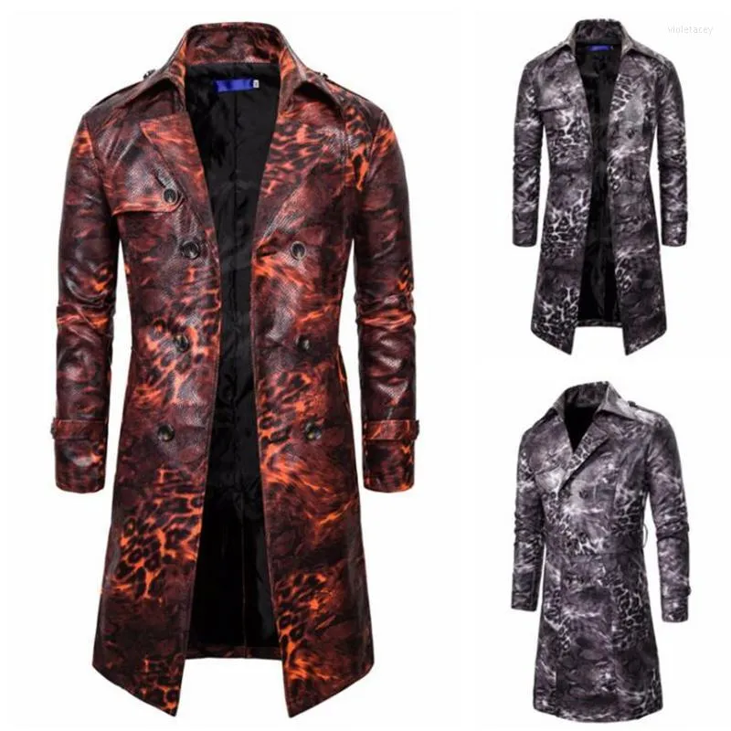 Men's Trench Coats European Code Coat Male British Style Casual Fashion Double-breasted Leopard Pattern Long Windbreaker Jacket Viol22