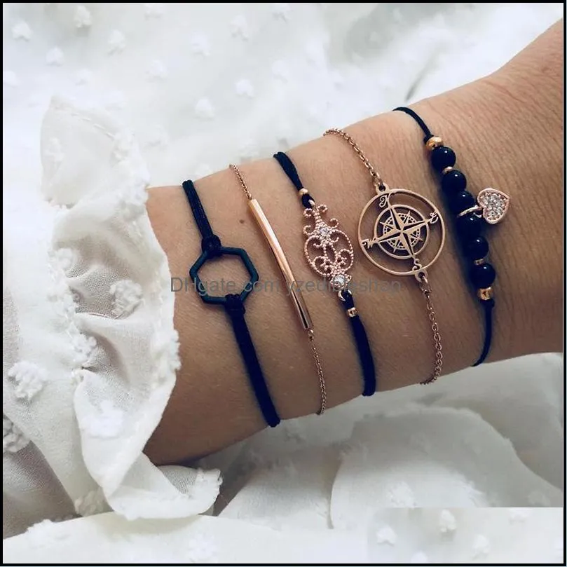 5pcs/set Silver Cuff Bracelets Female Cute Simple Map Pineapple Heart Tassel Braid Bracelet Jewelry Set Hypoallergenic Gift