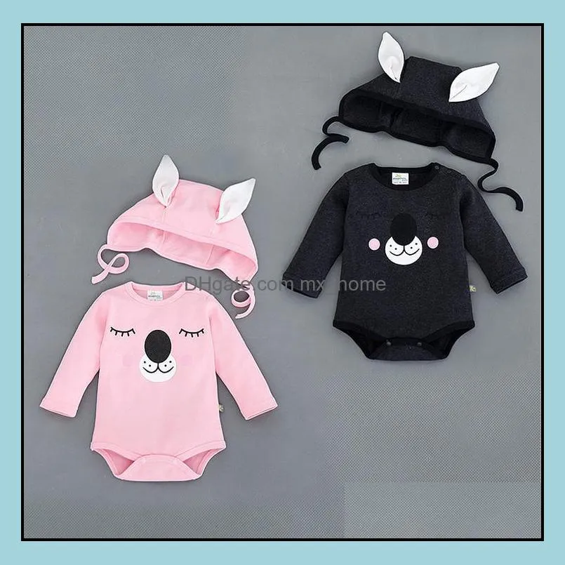 new autumn infant baby cartoon bear rompers with cap 2pcs set kids long sleeve onesies jumpers children outfits climb clothes 12260