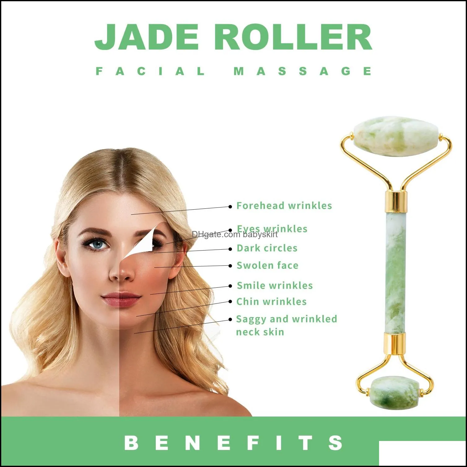 High Quanlity Light Green jade roller massager with Gift Box Natural Noise Free Roller Anti-aging V face Beauty Heathy care Tool