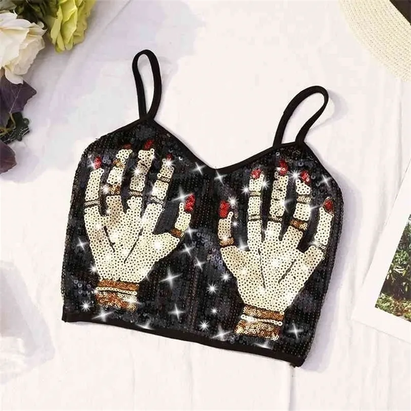 Moda dla kobiet z uprawy letnie cekiny z koralikami palmowymi pasek spaghetti czarny krótki koszulka kobieta seksowna top 210326