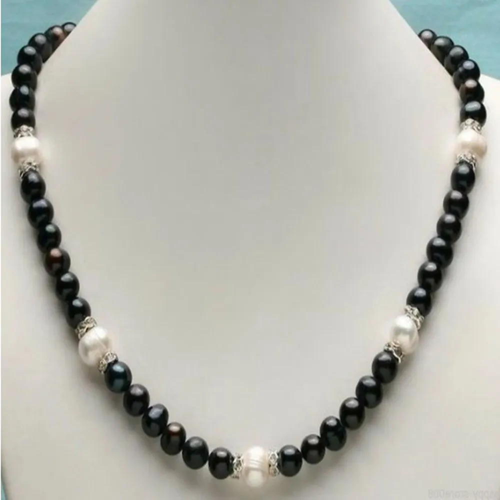 Hand knotted necklace natural 7-8mm black freshwater pearl sweater chain nearly round pearl 18inch