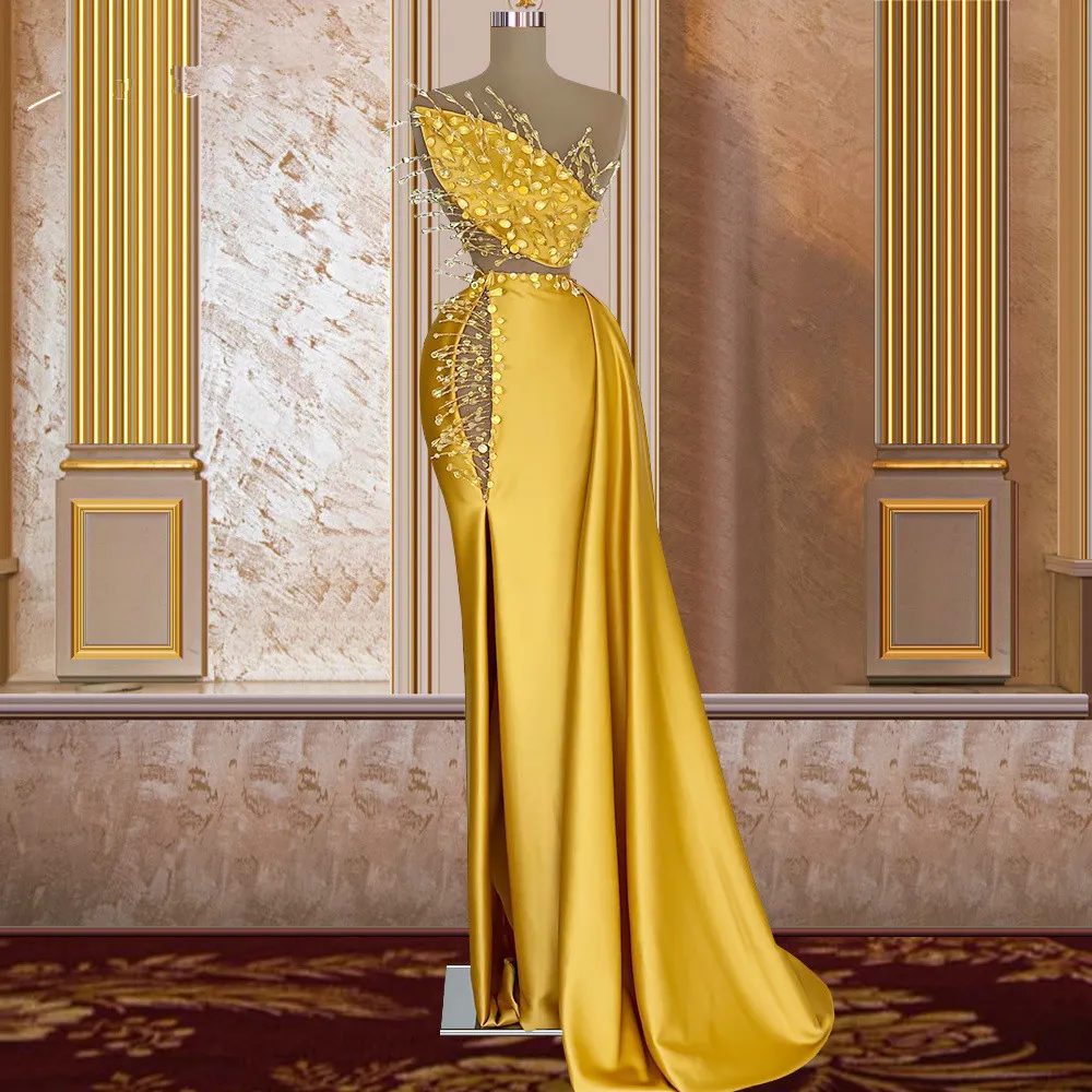 Gold Beaded Satin Mermaid yellow prom dresses 2023 with Side Split - Customizable Floor Length Evening Gown for Red Carpet Events and Celebrity Gold Beaded Satin Mermaid yellow prom dresses 2023 with Side Split - Customizable Floor Length Evening Gown for Red Carpet Events and Celebrity