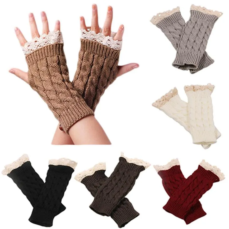 Fünf Finger Handschuhe Winter Herbst Frauen Mode Spitze Trims Lange Fingerlose Gestrickte Häkeln Handschuh Handgelenk Wärmer Arm Hand 2022Five FiveFive
