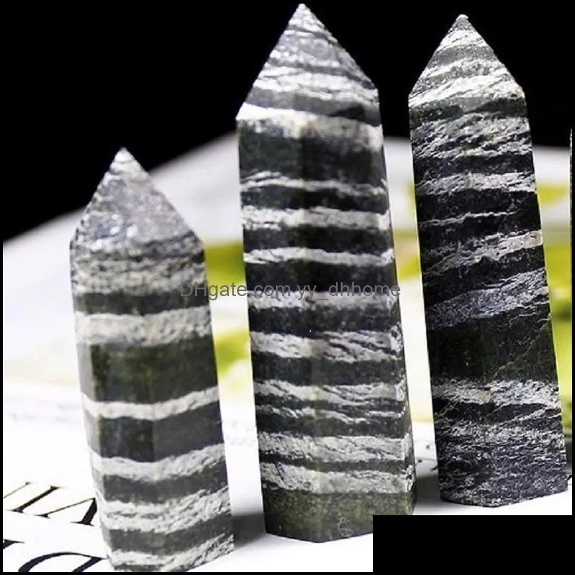 Natural green zebra stone six-sided single-pointed Energy Pillar art ornaments Ability Quartz Tower Mineral Healing wands Reiki Crystal