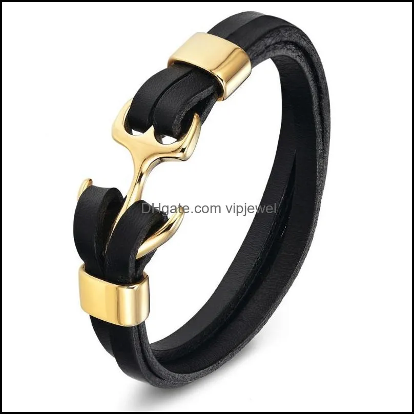 Cuff TYO Genuine Leather Men Black Gold &Black Silver Anchor Stainless Steel Pattern Simple Hook Neo-Gothic Style Jewelry Gift