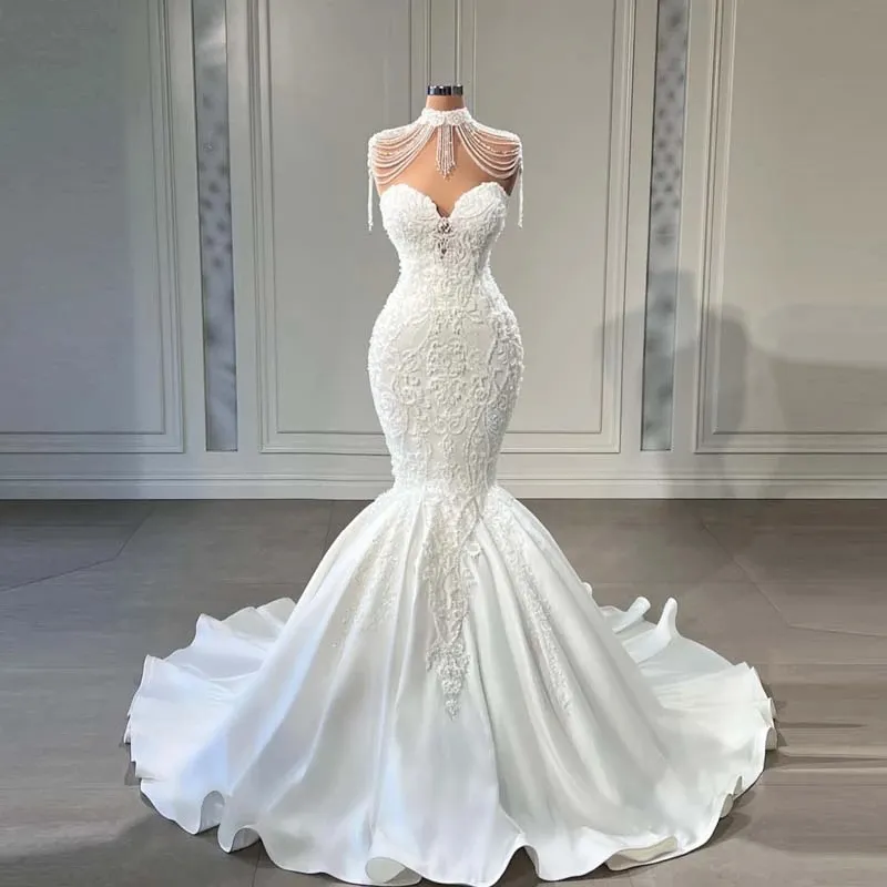 Borla lantejoulas trompete vestidos de casamento vestido de noiva elegante contas cetim sereia vestidos de noiva feito sob encomenda vestido de noiva 322