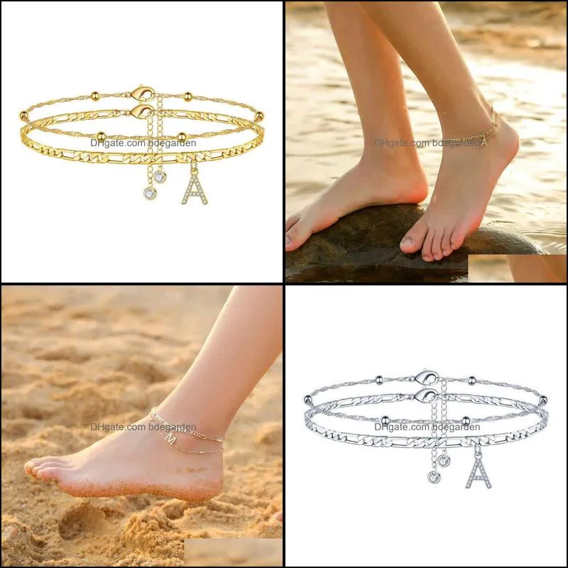 2pcs/set 14k real gold plated anklet set for women beach jewelry hexagon initial alphabet letter a-z 