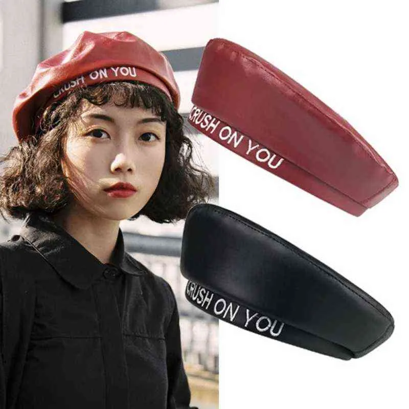 2021 Letter Leather Berets For Women French Style Elegant Ladies Leather Beret Crush On You Solid Color Pu Hat Autumn and Winter J220722
