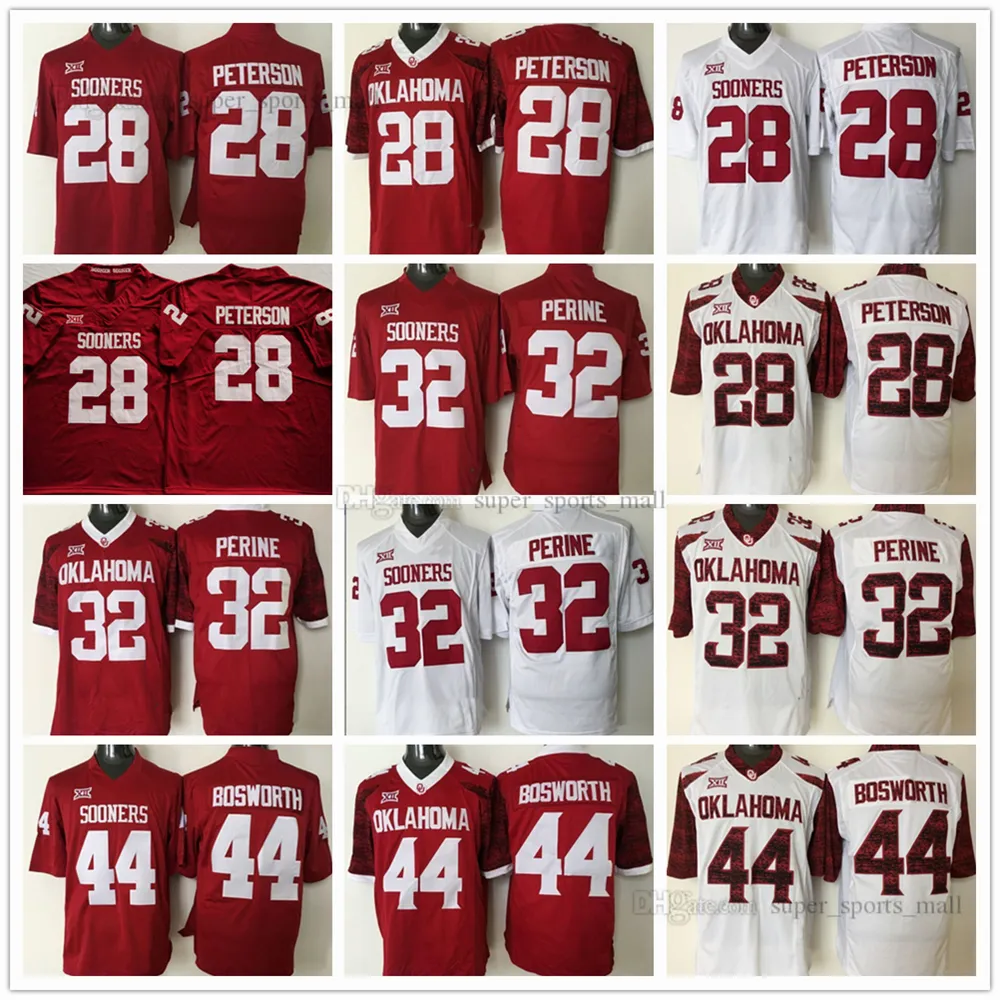 Camisetas de fútbol universitario de la NCAA 44 Brian Bosworth 28 Adrian Peterson 32 Samaje Perine Jersey cosido de alta calidad Rojo Blanco Negro