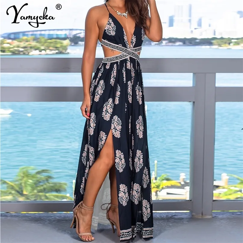 Sexy dos nu slip vintage imprimé maxi corset robe d'été soirée bal longue es pour les femmes fête plage décontracté boho 220426