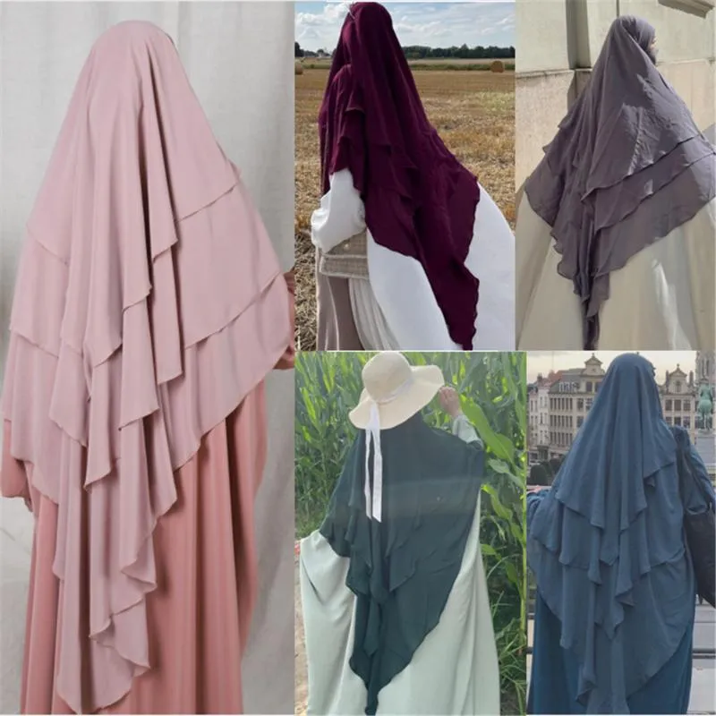 Etnische kleding Eid Gebedskledingstuk Lange Khimar Islam Vrouwen Pure kleur Drielaagse tulband Tops Abaya Jilbab Abaya Moslim Arabische Niqab Hijaabs