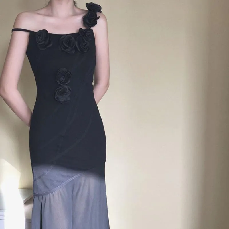 Повседневные платья сексуальные элегантные дамы 2022 летние женщины без рукавов Черная 3D Роза Любое подвесное платье сетка кардиган два куска сета