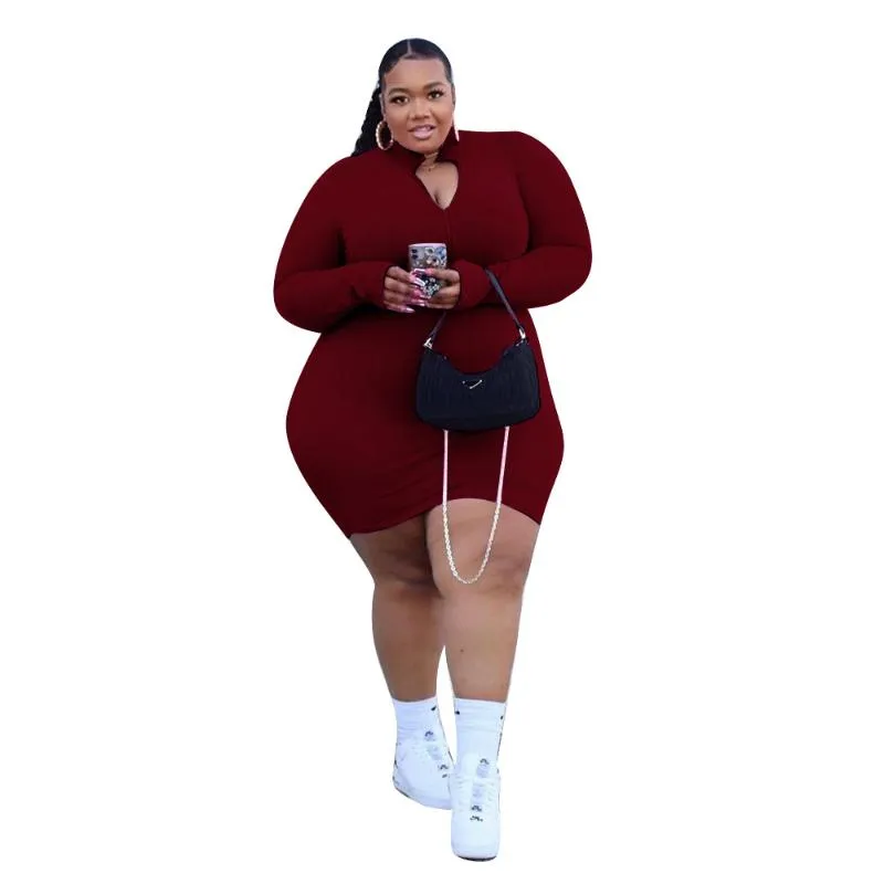 Plus Size Dresses XL 5XL Women Clothing Fashion Sexy Solid Color Long  Sleeve Zip Rib Mini Dress Ladies Outfit Wholesale DropPlus From 22,24 €