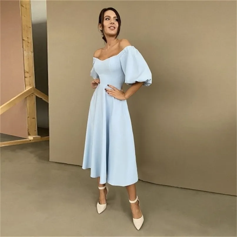 Elegant Backless Slash Neck Midi Dress With Puff... From Long01, $15.86 |  DHgate.Com