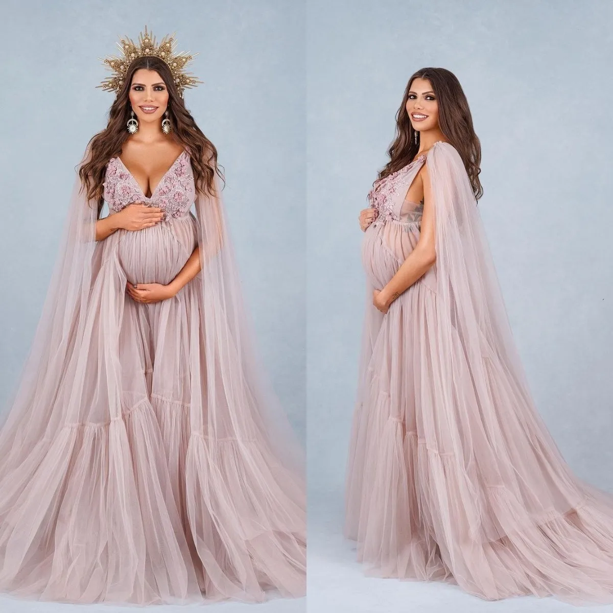 V Nek Zwangerschapsjurk voor fotoshoot Tule prom -jurken met wrap bloemen babydouche jurken feestvestido de novia