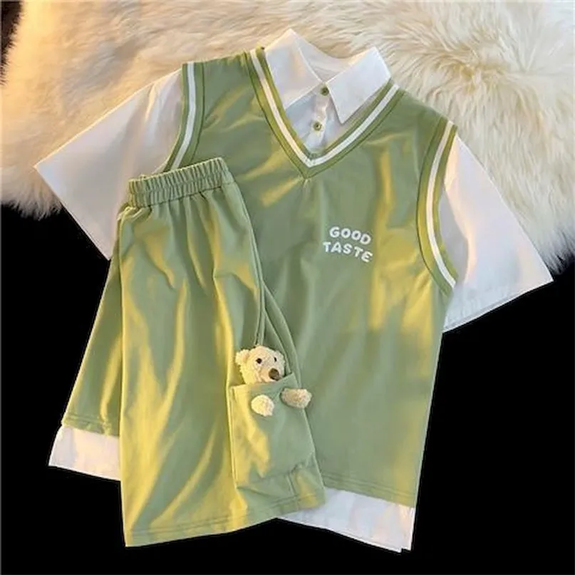 Ternos femininos esportam shorts de urso e falsificação de duas camisetas conjuntos pólo coreano solto manga curta camiseta verão 220509