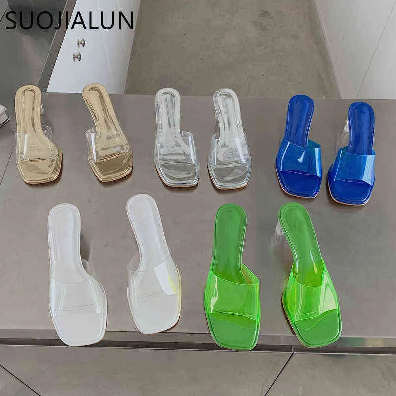 Suojialun 2022 Summer Wommen PVC Przezroczysty pantofel Moda Crystal Square High Heel Dams Casual Sandal Shoes Beach Slajdes 220627