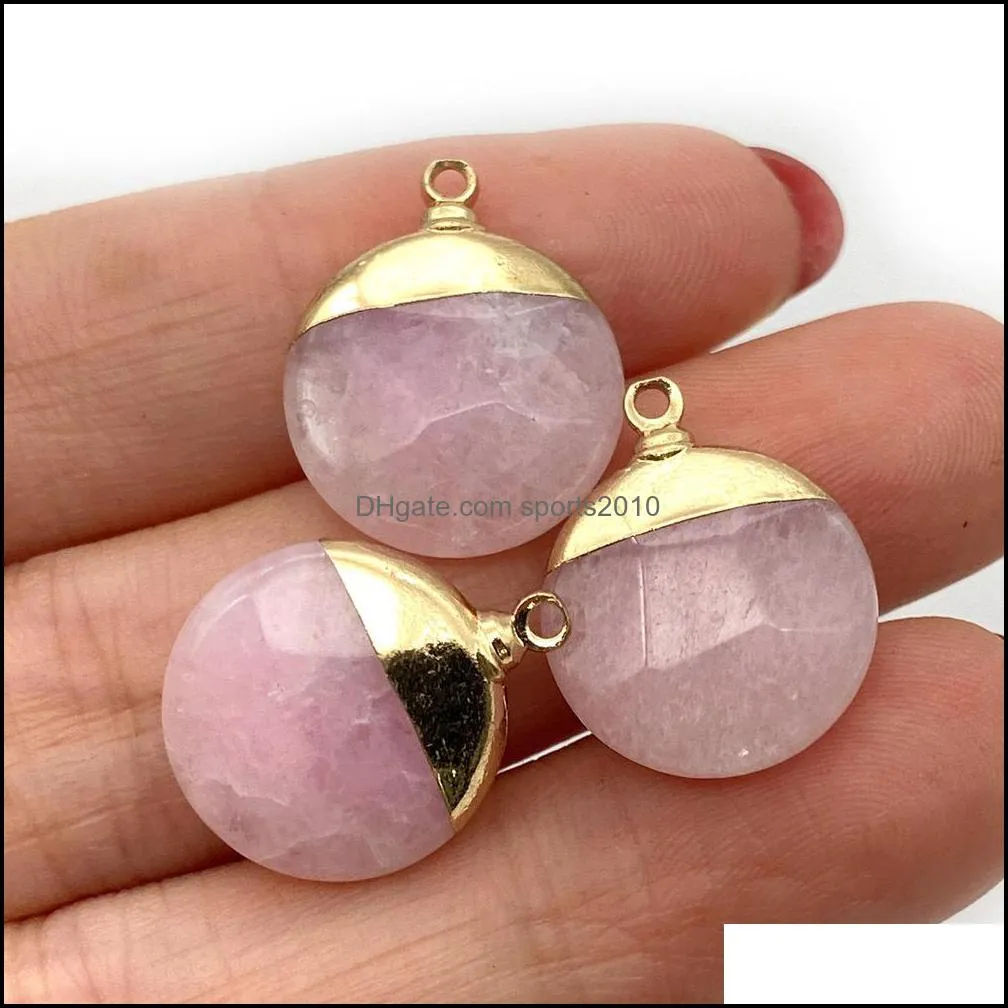 15x19mm gold edge natural crystal round flat stone charms rose quartz turquoise pendants trendy for jewelry making sports2010