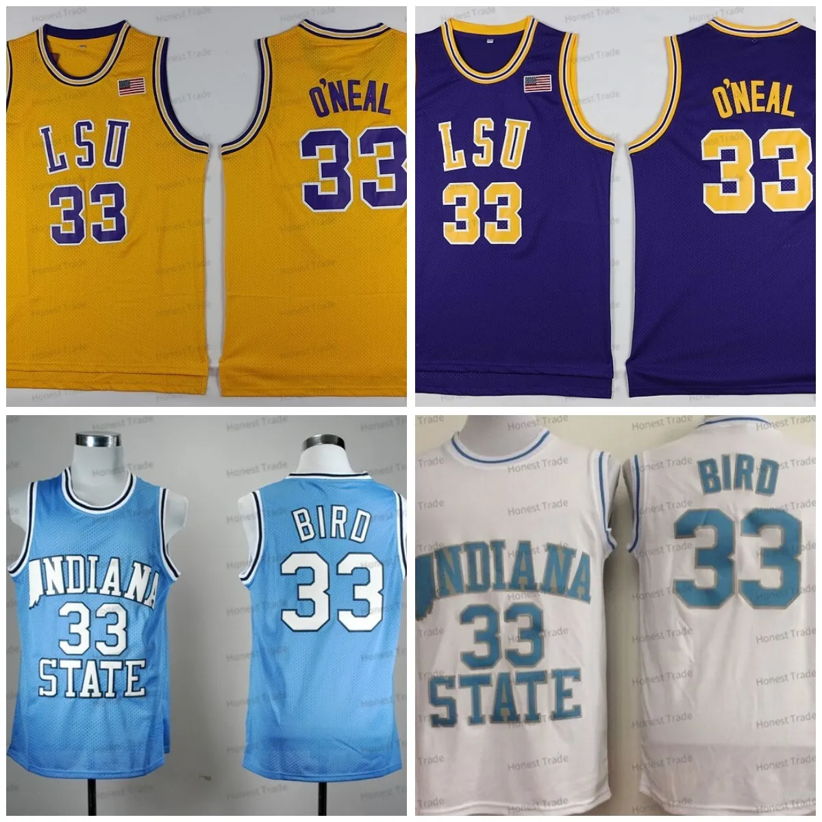 LSU Tigers 33 Shaq Oneal College Basketball Jersey Purple Indiana State Sycamores 33 Larry Neal Bird White Jerseys Mens