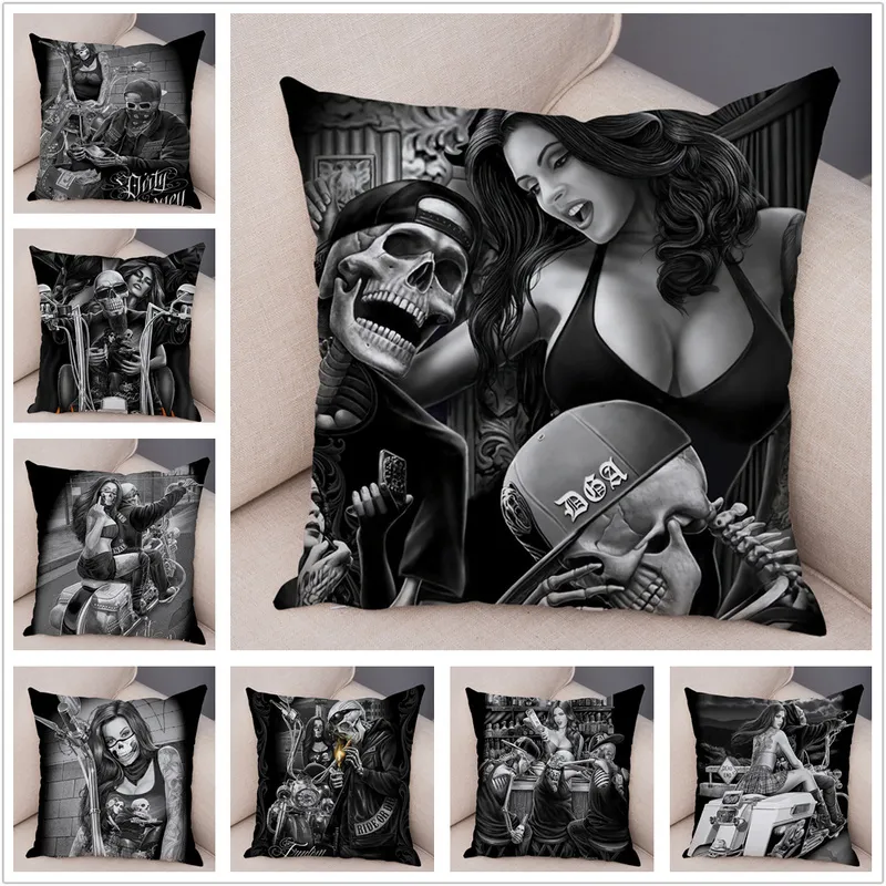 Pillow Case Motorcycle czaszka i seksowna dziewczyna poduszka na sofę Dekor Home Decor Day of the Dead Pillow Case Soft Plush Phillcase 220623