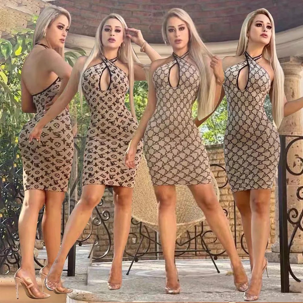 Luxury Designer Elegant Dresses for Women 2022 Summer Letter Pattern Evening Party Bodycon Clothing Female Prom Ceremony Sexy Outfits Office Lady