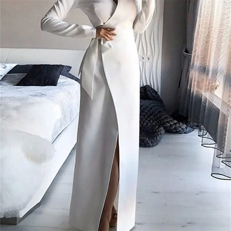 Women V-neck Lace-up Long Party Dress Spring Autumn Solid Full Sleeve Split Ladies Dresses Elegant Streetwear Drop 220317