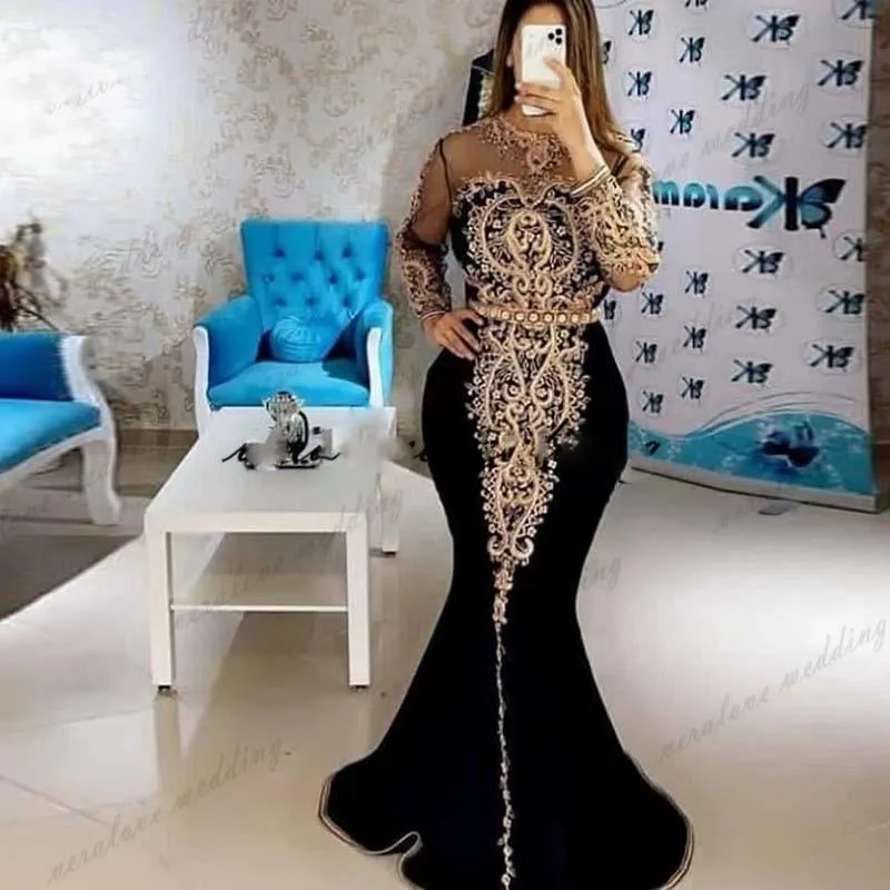 Zwarte Mermaid Marokkaanse Caftan Avondjurken 2022 Illusie Lange Mouw Sparkly Kant Beaded Kaftan Arabisch PROM TWEEDE TOWE