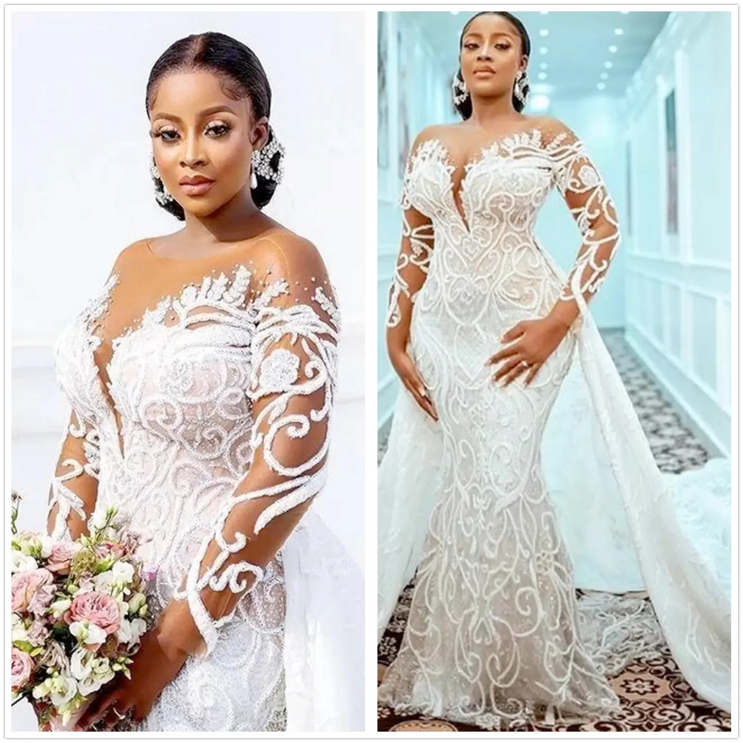 Robes de mariée sirène en dentelle grande taille 2022 avec train détachable pure manches longues dentelle perlée appliquée robe de mariée sur mesure Robe de mariee