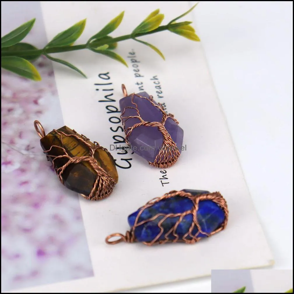 wire wrapped coffin fortune tree of life charms natural stone pink quartz healing crystal tiger eye amethyst pendants for necklace jewelry