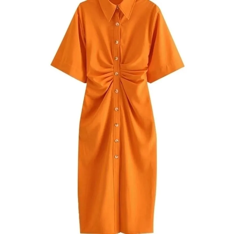 트래프 여자 세련된 패션 버튼 업 드레이프 미디 셔츠 드레스 빈티지 짧은 슬리브 사이드 지퍼 여자 드레스 멍청이 220402