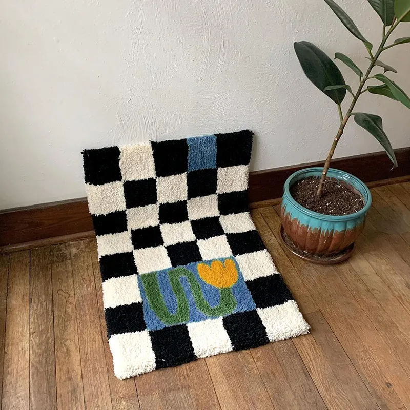 Tapis de bain à grilles moelleuses, tapis de salle de bain doux à fleurs, fonction de chevet, tapis de sol d'entrée, antidérapant, décoration esthétique de la maison