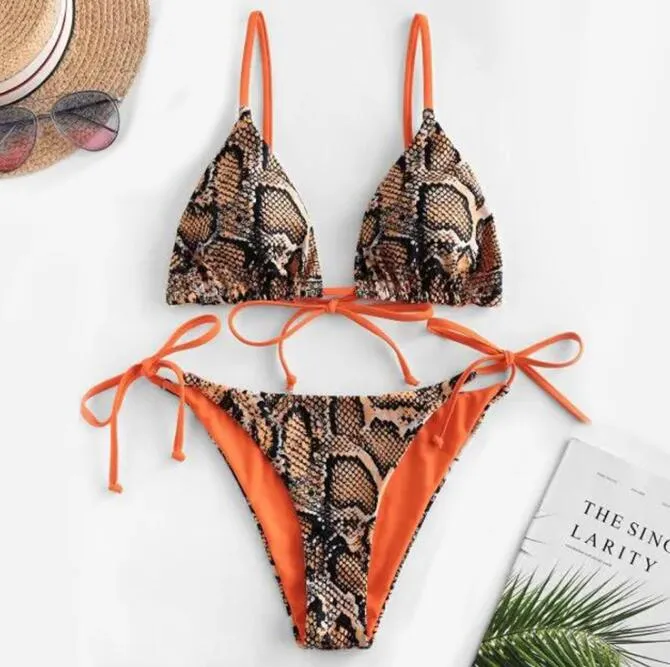 Sexy Sling Bikini Set Accessories Women Summer Leopard Snake Swimwear Swimsuits Textile Ladies Halter Split Suspender Bathing Suit For Holiday Surfing Diving