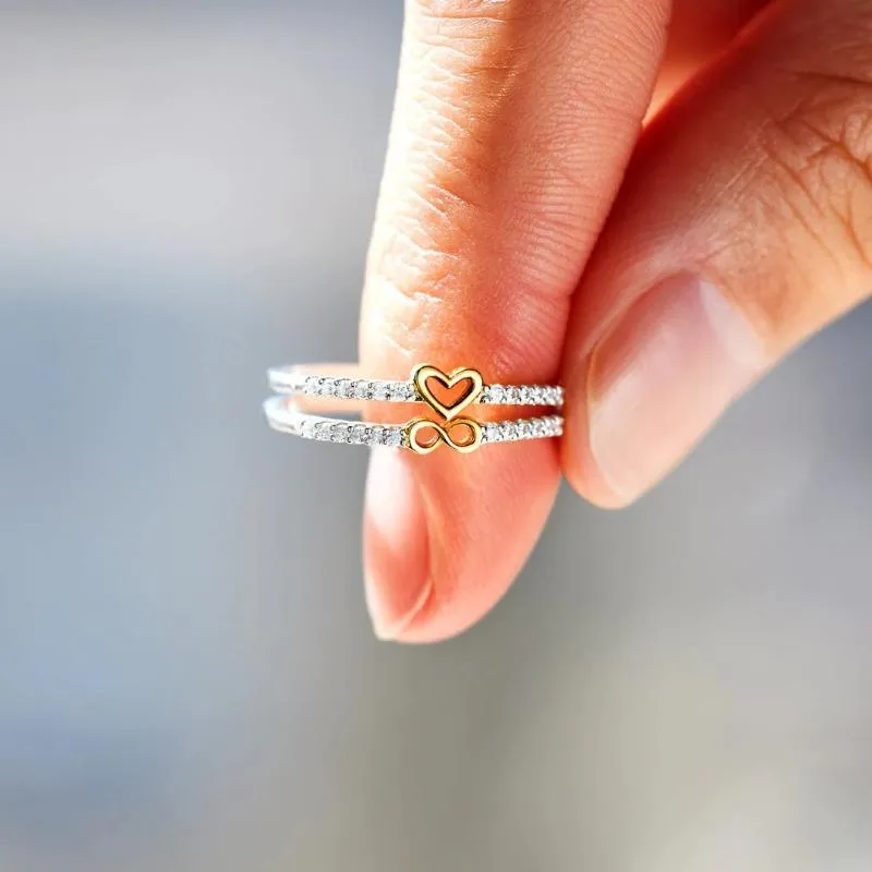 Anillos de boda 2 unids corazón romántico para las mujeres infinito amor cristal circón bowknot letra 8 anillo apilable joyería de compromiso regalo boda