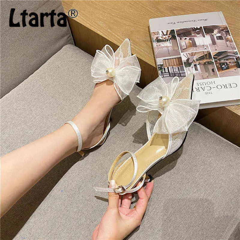 Sandaler Ltarta Kvinnor Mode Sexiga Sandaler Försäljningsskor Var Stiletto Mesh Pearl High Heel Shoes With Bow Lace Bow JXQ 777 8 220318