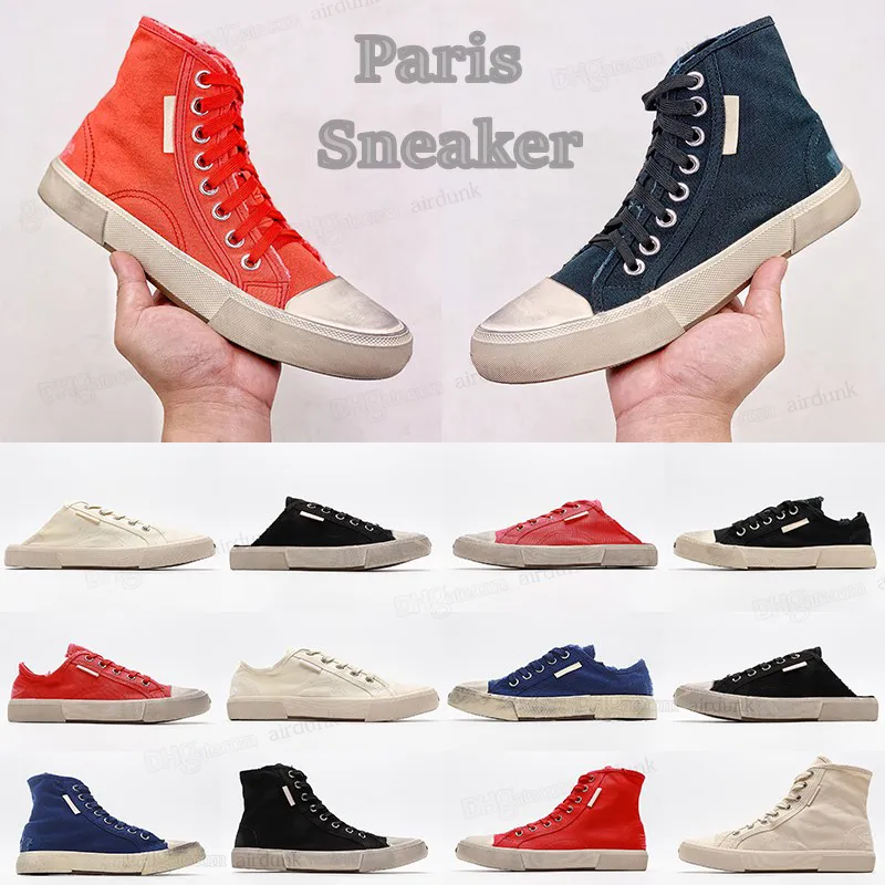 Paris High Top Sneaker Canvas shoes black destroyed cotton white rubber 2022 new Classic vintage distressed Mule knit wash old effect Vulcanized sole half slippers