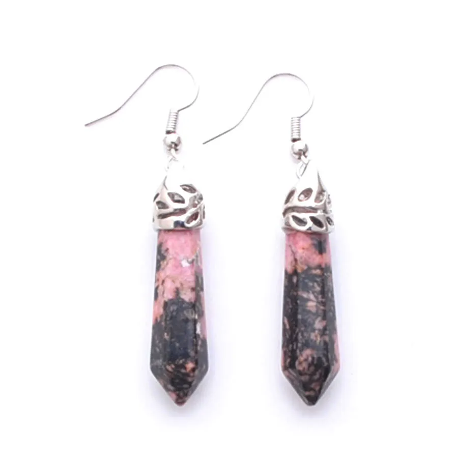 WOJIAER Natural Rhodochrosite GemStone Dangle Earrings Hexagonal Pointed Reiki Chakra Beads For Women Jewelry R3071