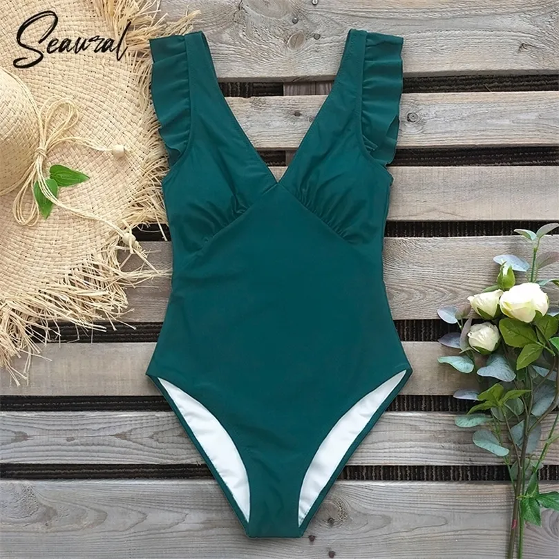 2020 Sexy Green Teal Plunging Solid Swimwear Women 1pc Swimsuit Ruffle Ruched Monokini Girl Beach Wear Bathing Suits S XXL T200708