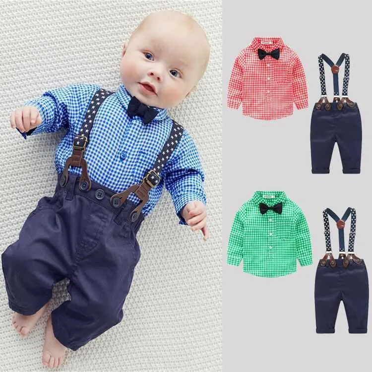 Kids Infant Baby 2PCS Boys Plaid Dress Shirt Suspenders Pants Clothes Outfits