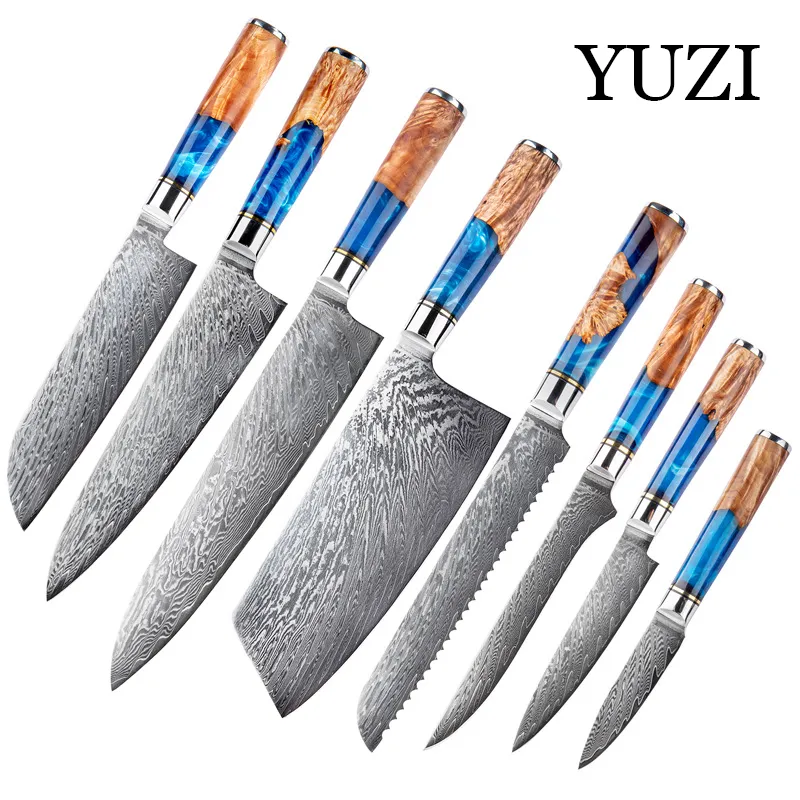 YUZI 7Pcs Kitchen Knives Set Damascus Steel VG10 Chef Cleaver Paring Bread Knife Blue Resin and Color Wood Handle