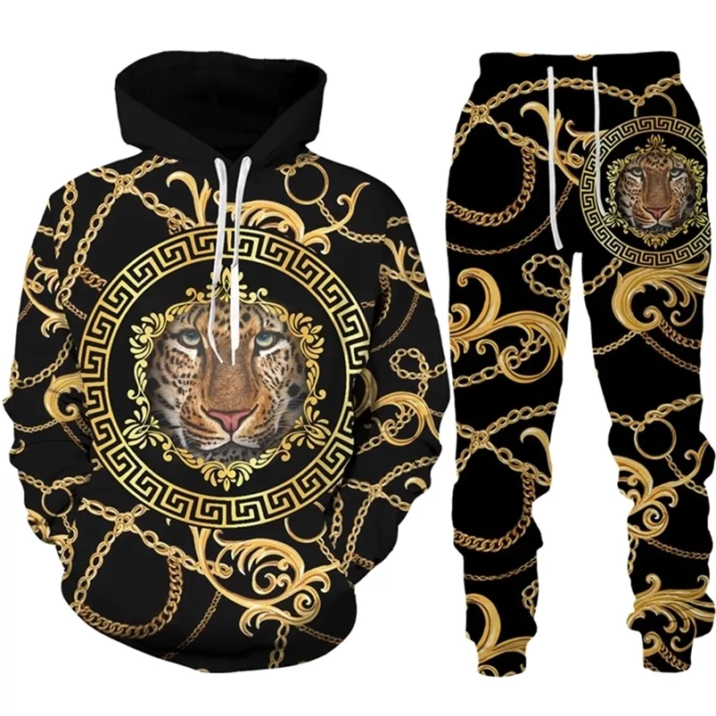 Erkek Trailtsits Golden Lion 3D Baskılı Hoodie/Pantolon/Takım Erkekler Günlük Grafik Sokak Giyim Külkü Sweatshirt Sweatfits Set Hip Hop Serin Trailsuits 220826