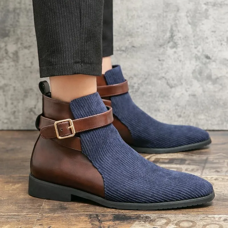 Novos homens de negócios botas tornozelo sapatos formais salto baixo deslizamento na fivela decoração estilo britânico bloco esculpido retro versátil dh893