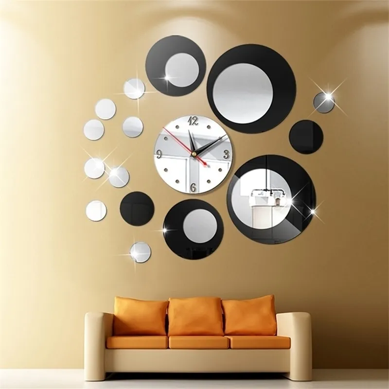 3D Wall Clock Mirror Wall Stickers Big Decorative Kitchen Clocks Acrylic Stickers Self Adhesive Hanging Watch Decor Living Room 210325