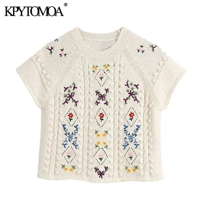 Kpytomoa 여성 패션 플로럴 자수 자른 니트 스웨터 빈티지 O 목 짧은 슬리브 여성 풀오버 세련된 탑 201221