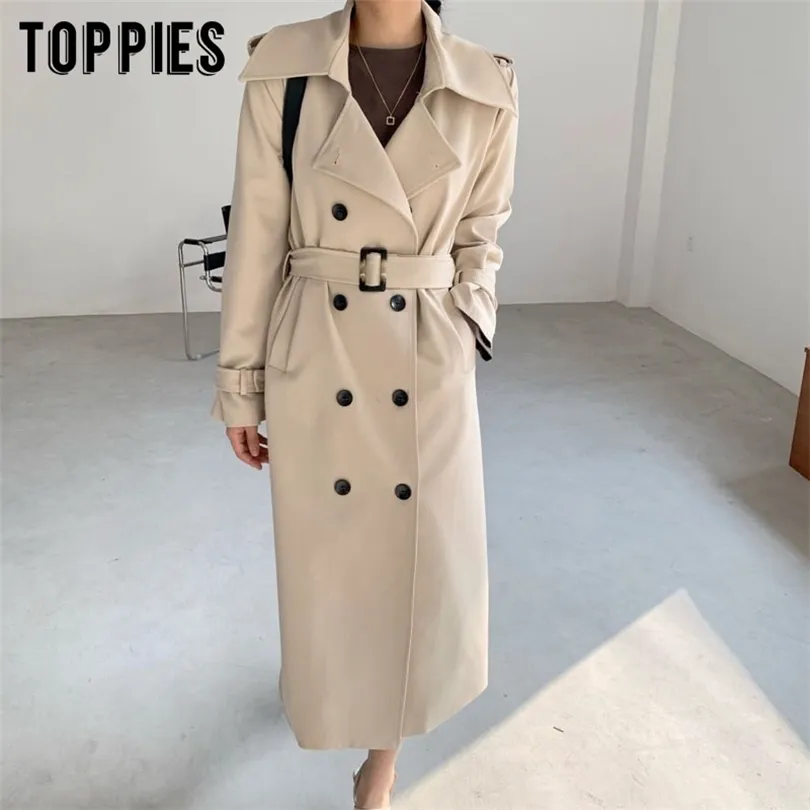 Toppies 2020 Новое прибытие длинное пальто женщины с двойной грудью Slim Trench Coat Corean Outwear T200810
