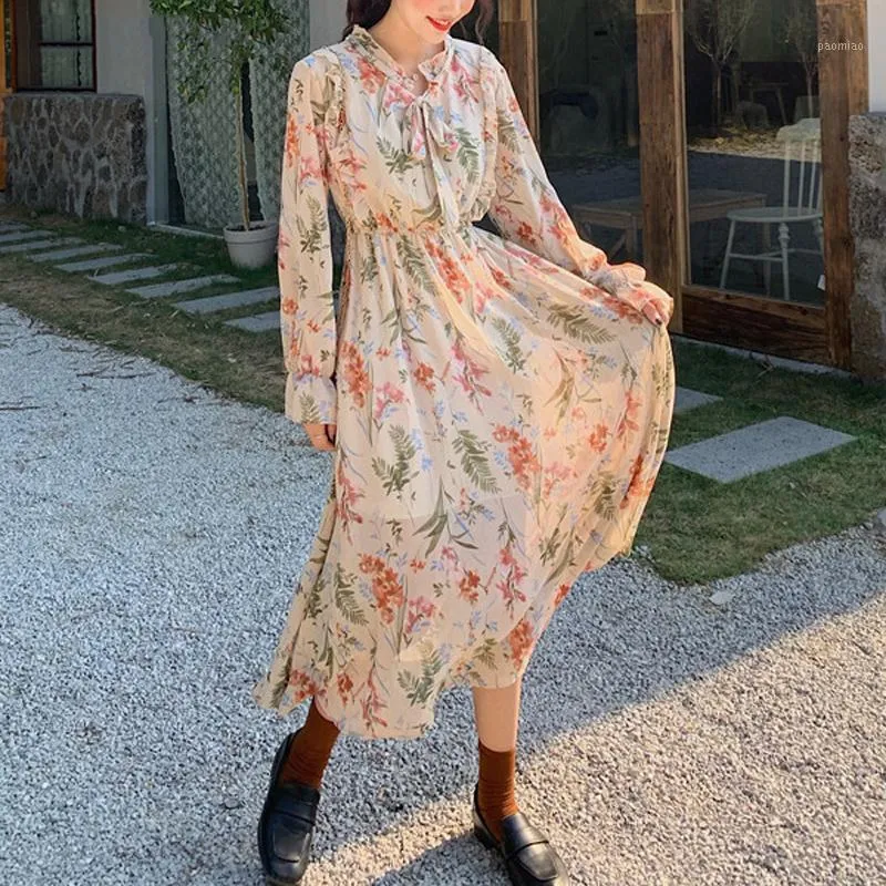 カジュアルドレスヴィンテージフローラルプリント女性シフォンドレスフルスリーブレースアップ女性ホリデーMIDI VESTIDOS 2022 SPRING BOHO