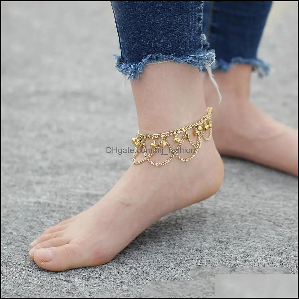 Gold Tone 2 Layers Tassel Bell Charm Anklet Sandal Beach Heels Ankle Bracelet Summer Heels Anklet Jewelry