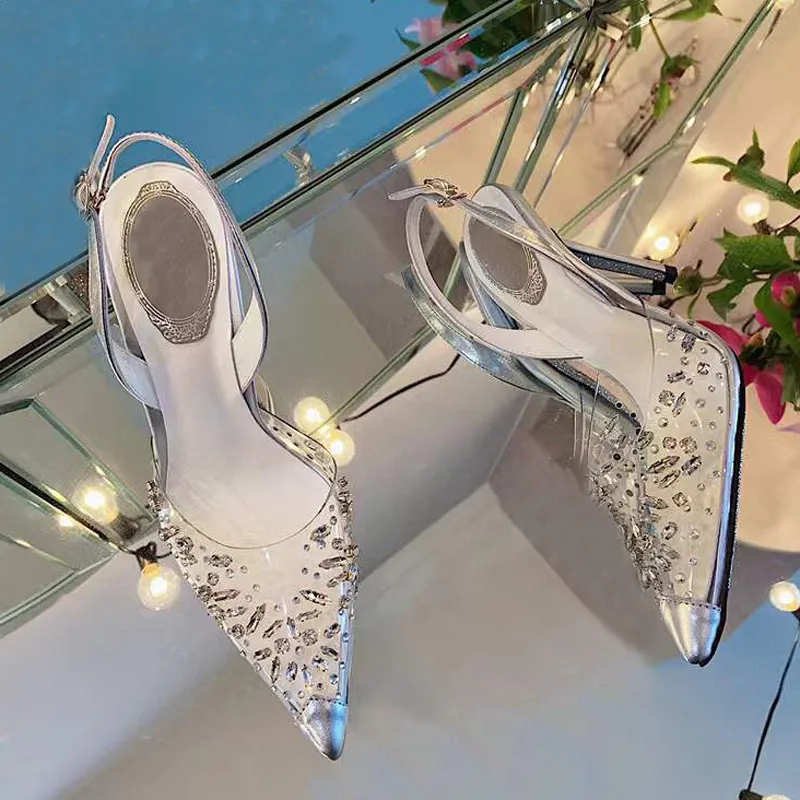 Rene Caovilla mönster toppkvalitativ ny cleo crystal-embelled pvc pumpar skor spol klackar sandaler för kvinnor lyxdesigner klänning sko kväll 4qgi