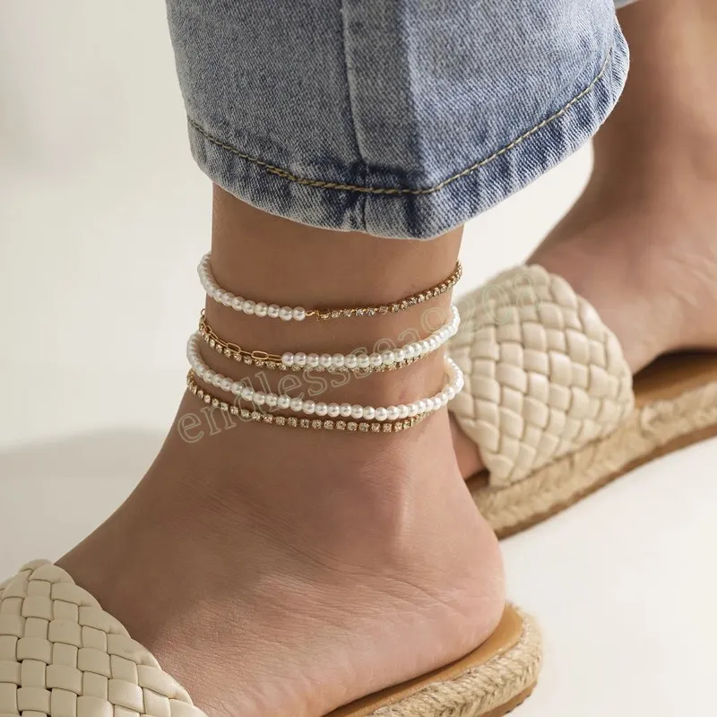 Female Bohemian Gold Color Copper Chain Pearls Anklet for Women Luxury Rhinestones Ankle Bracelet on the leg Summer Jewelry Gift