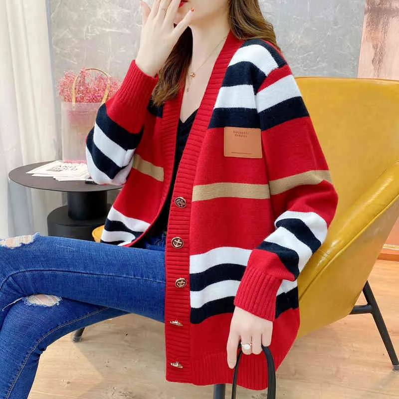 Striped knitted cardigan Top Jacket 2022 spring autumn women's dress foreign style women's loose thickened sweater